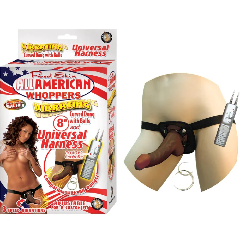 Afro American Whoppers Vibrating 8" Dong With Universal Harness Brown