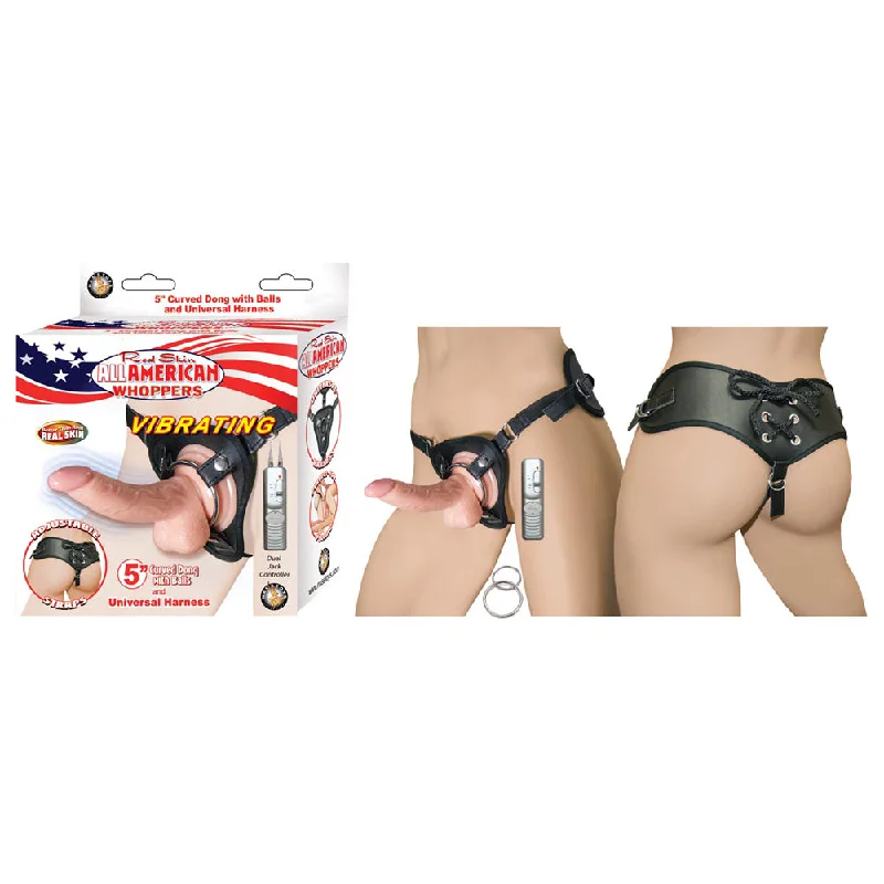 All American Whoppers Vibrating 5" Curved Dong W/Balls & Universal Harness White