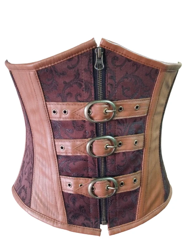 Plus Size Brown Brocade & Leather Gothic Steampunk Waist Training Bustier Underbust Corset Costume