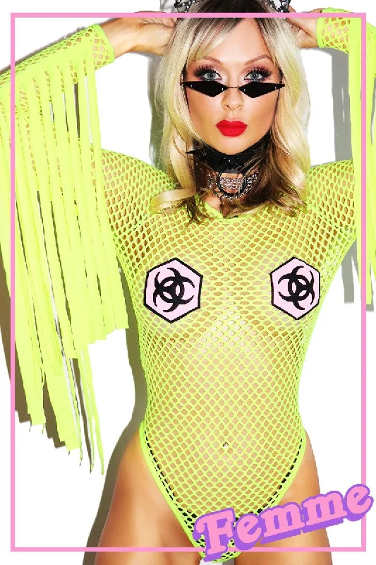 Biohazard Mesh Fringe Bodysuit- Neon Yellow