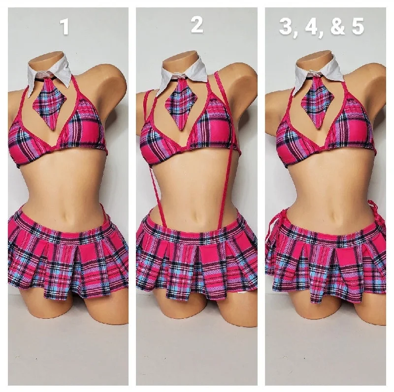 Hot Pink & Sky Blue Plaid w/ Magenta Trim Sexy School Girl Costume Pleaded Skirt 5 Piece Set