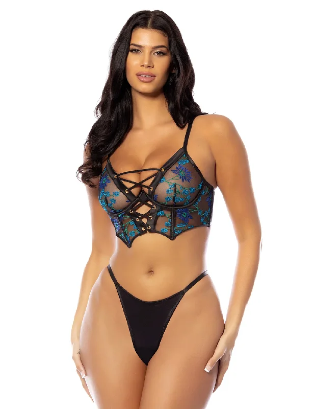 Lola Floral Embroidered Longline Bra & Thong Set