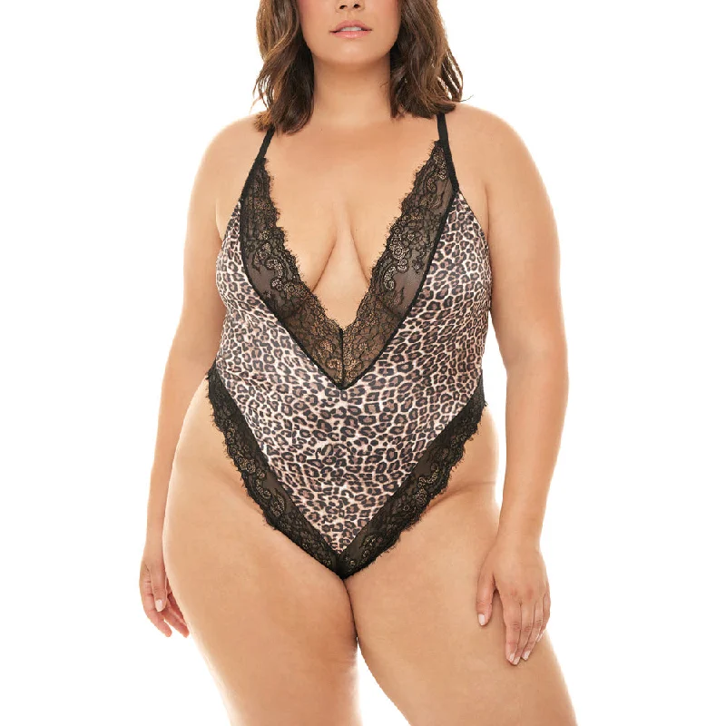 Oh La La Cheri Lingerie Jolene Leopard Print Satin Plunge Plus Size Teddy 52-11741X