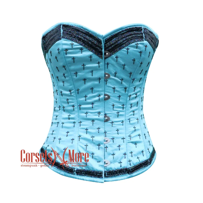 Plus Size Baby Blue Satin Black Sequins Burlesque Gothic Corset Bustier Overbust