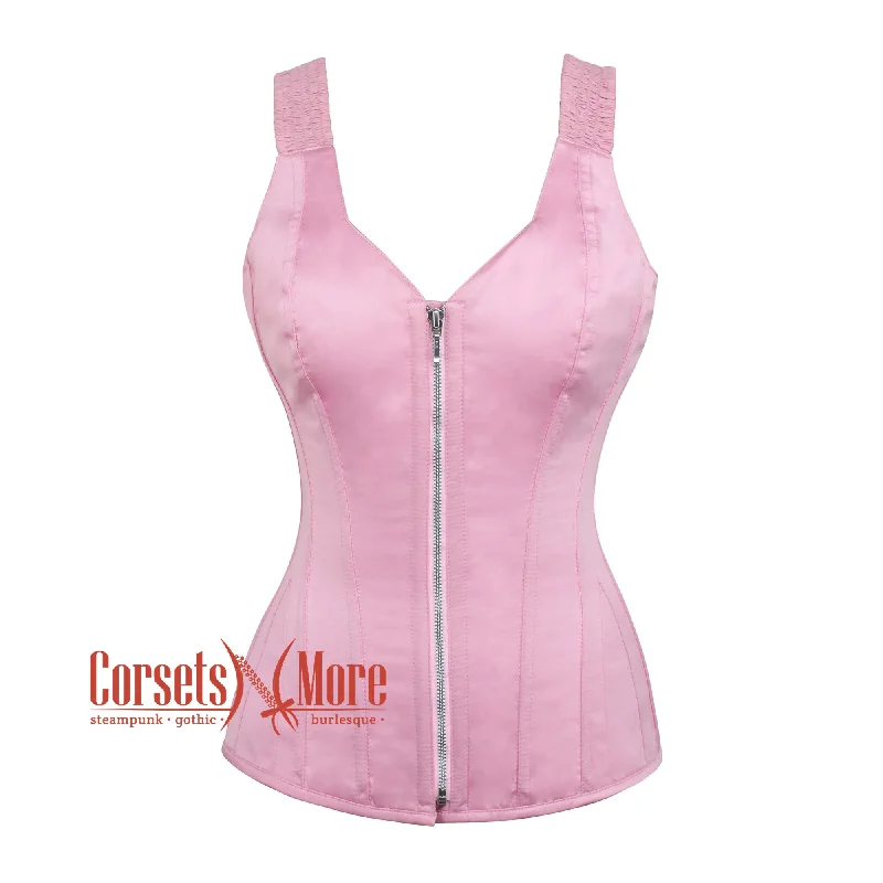 Plus Size Baby Pink Satin Gothic Overbust Corset  With Shoulder Strap Bustier Top