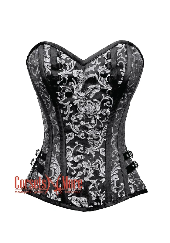 Plus Size Black and Silver Brocade Steampunk Overbust Costume Corset