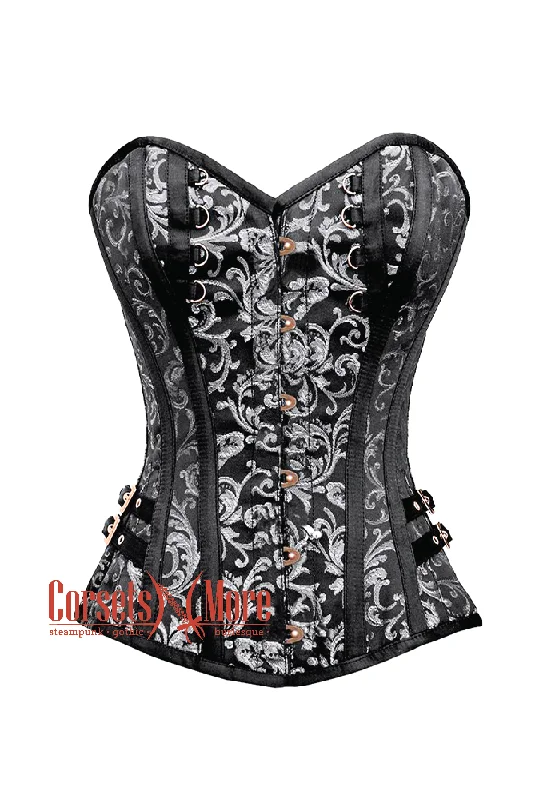 Plus Size Black and Silver Brocade Steampunk Overbust Gothic Costume Corset