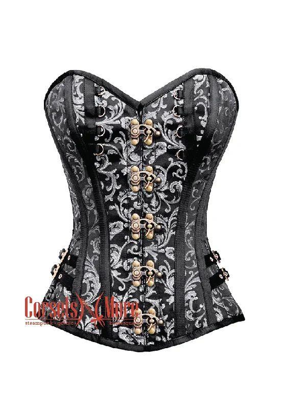 Plus Size Black and Silver Brocade With Antique Clasps Steampunk Overbust Costume Corset