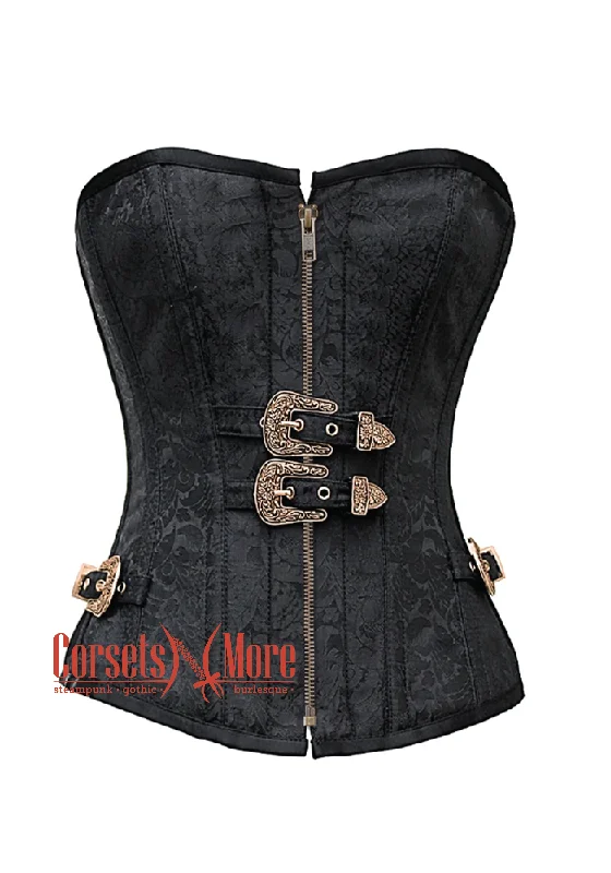 Plus Size Black Brocade Antique Zipper Gothic Costume Waist Training Bustier Overbust Corset Top