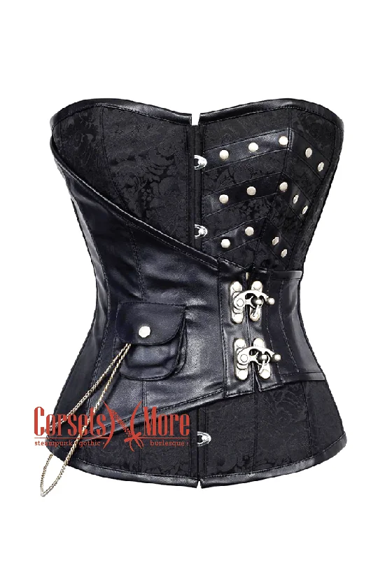 Plus Size Black Brocade Leather Steampunk Overbust Costume Corset