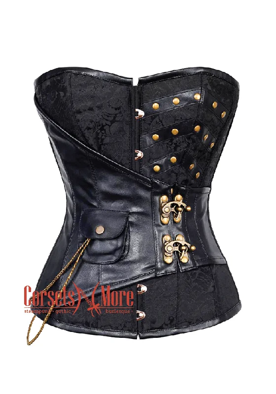 Plus Size Black Brocade Leather Steampunk Overbust Costume Corset