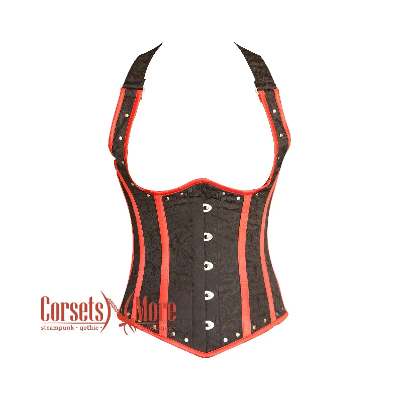 Plus Size Black Brocade Red Stripe Halter Neck Gothic Underbust Waist Cincher Corset