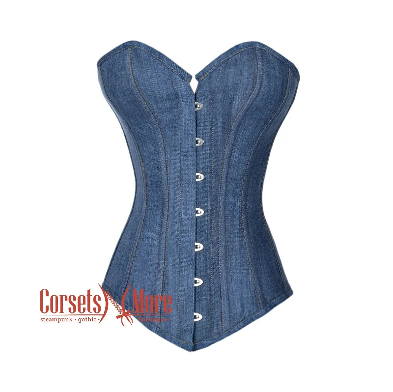 Plus Size Blue Denim Long Burlesque Bustier Waist Trainer Overbust Corset Top