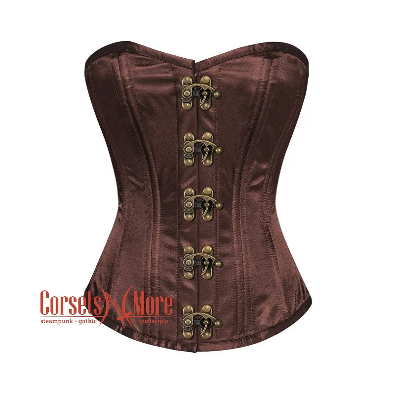 Plus Size Brown Satin Double Bone Burlesque Overbust Bustier Waist Training Corset