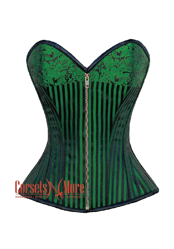 Plus Size Green And Black Brocade Antique Zipper Steampunk Overbust Costume Corset