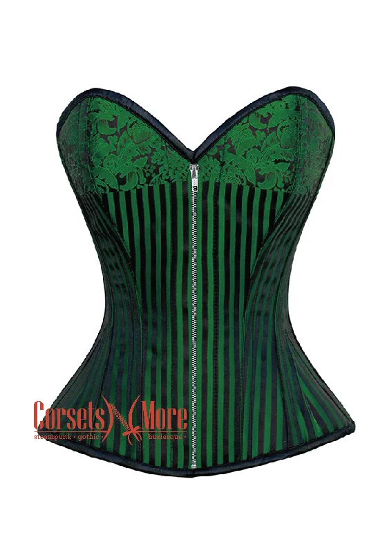 Plus Size Green And Black Brocade Silver Zipper Steampunk Overbust Costume Corset