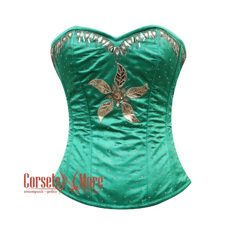 Plus Size Green Satin Gold Sequins Burlesque Gothic Costume Overbust Bustier Top