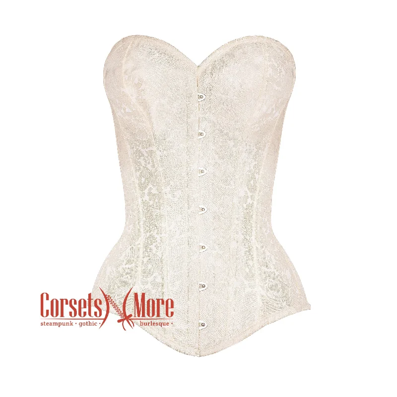 Plus Size Ivory Brocade Longline Gothic Burlesque Waist Training Overbust Corset Bustier Top