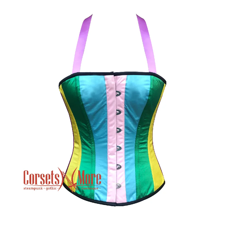 Plus Size Multi-Color Satin Stripes Aro Ace Overbust Corset Pride Costume Rainbow Top