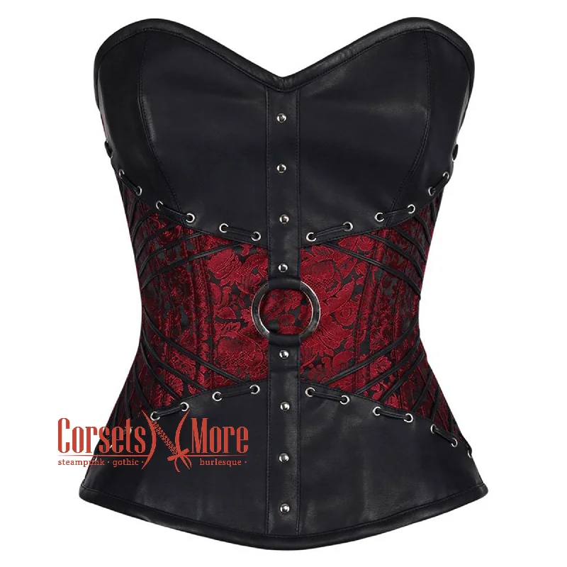 Plus Size Red and Black Brocade Leather Belt Steampunk Sexy Waist Training Overbust Corset Bustier Top