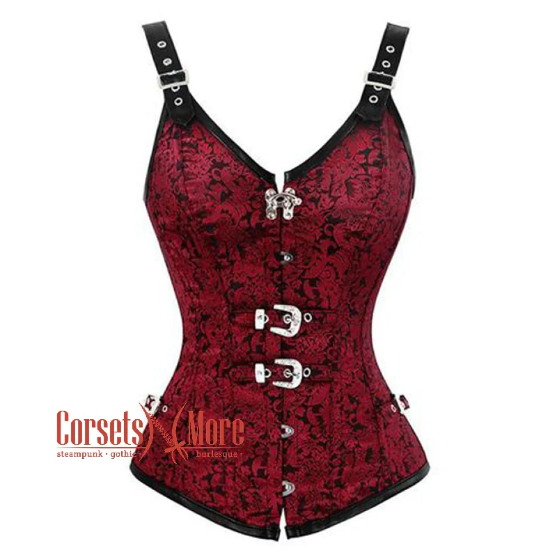 Plus Size Red and Black Brocade Leather Shoulder Strap Steampunk Sexy Waist Training Overbust Corset Bustier Top