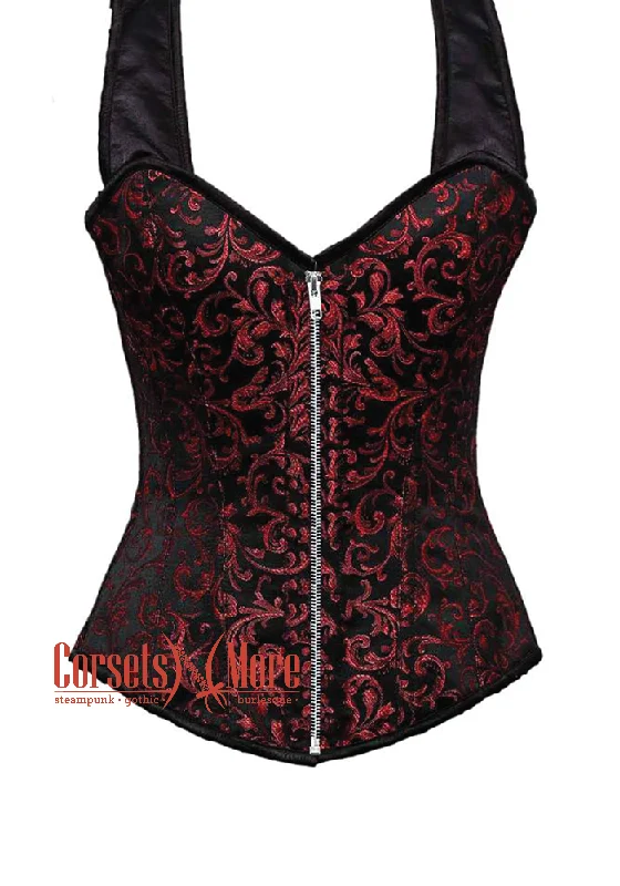 Plus Size Red and Black Brocade With Shoulder Straps Silver Zipper Overbust Corset