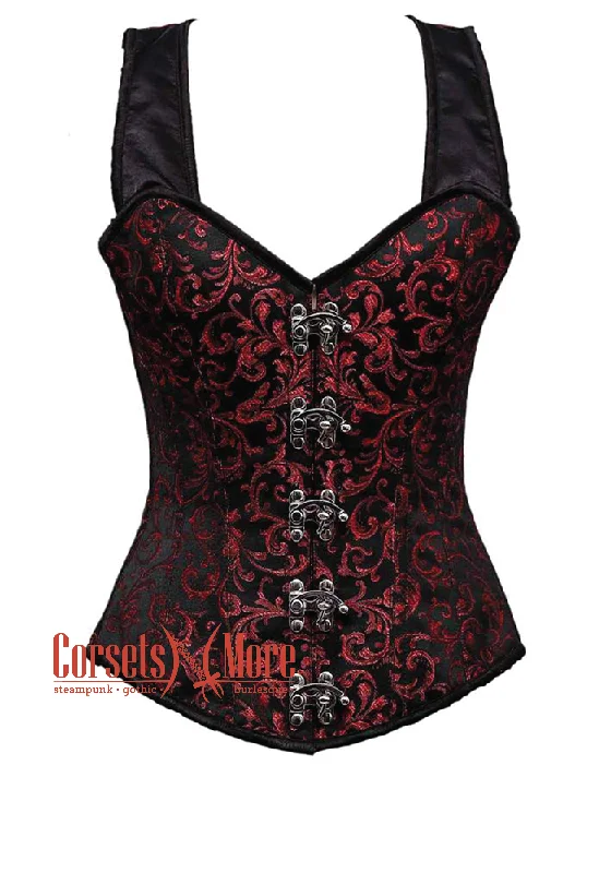 Plus Size Red and Black Brocade With Shoulder Straps with Bronze Clasps Overbust Corset