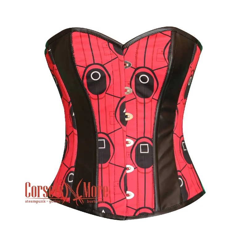 Plus Size Red And Black Printed Lycra Leather Stripes Squid Game Costume Overbust Bustier Top