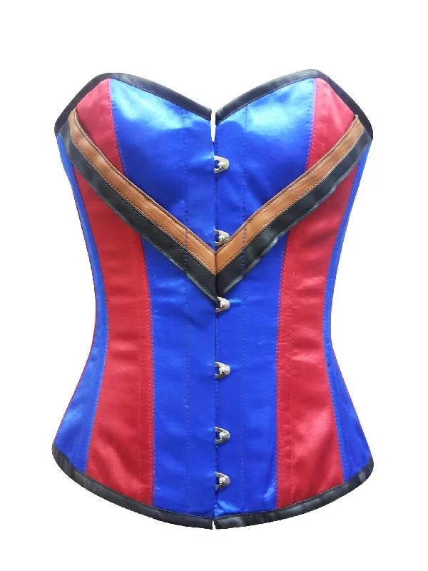 Plus Size Red Blue Satin V Leather Straps Gothic Steampunk Waist Training Bustier Burlesque Overbust Corset Costume