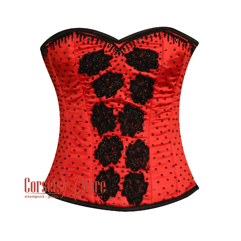 Plus Size Red Satin Black Sequins Hand Work Burlesque Gothic Costume Overbust Bustier Top