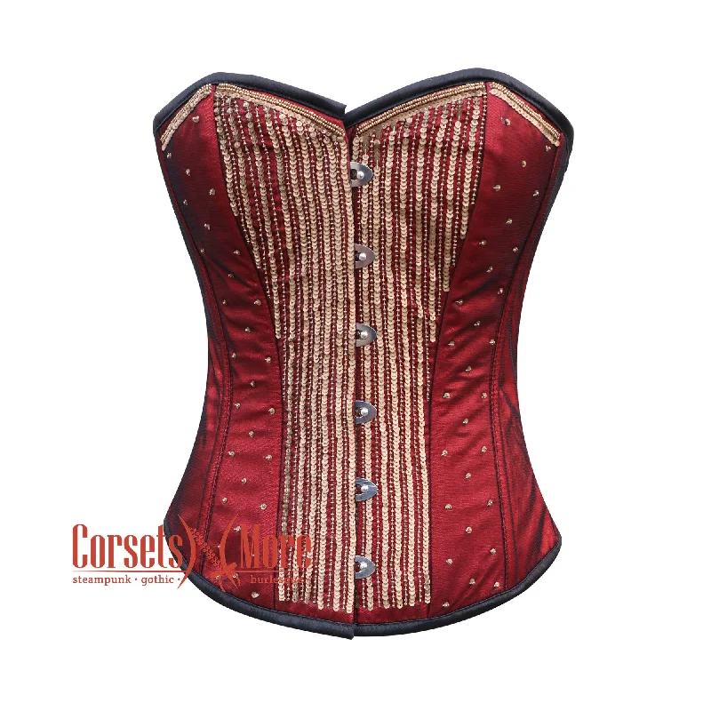 Plus Size Red Satin Net Gold Sequins Hand Work Burlesque Gothic Costume Overbust Bustier Top