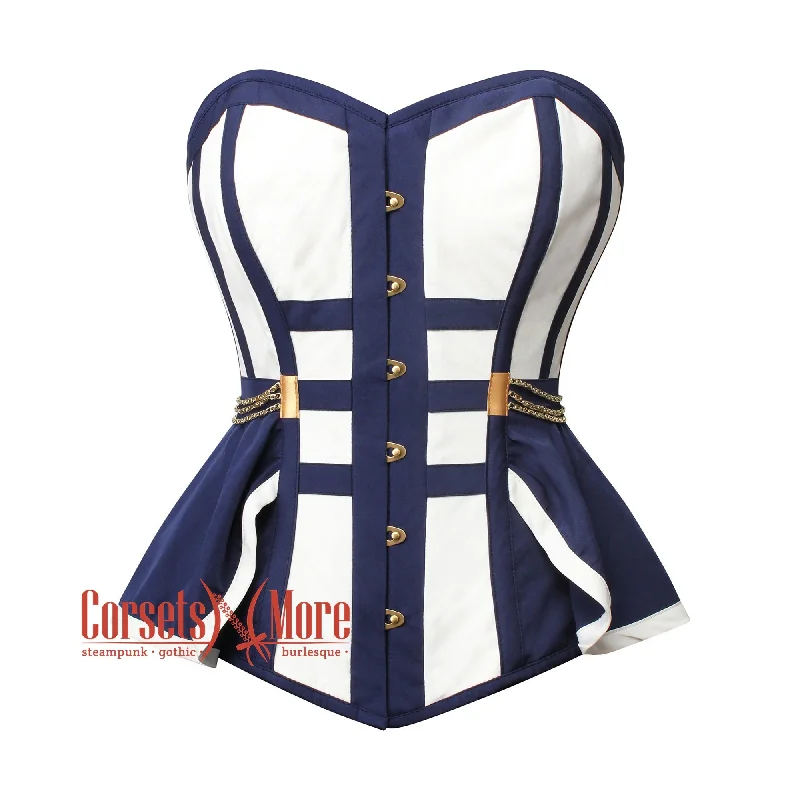 Plus Size White And Navy Blue Satin Gothic Overbust Corset Bustier Doctor Who costume