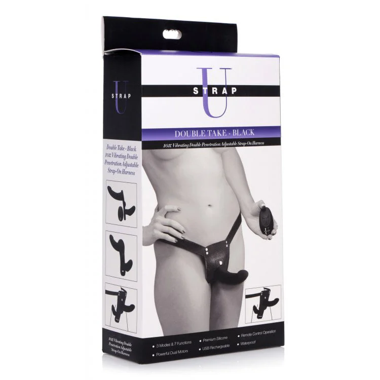 Strap U Double Take Black 10X Vibrating Double Penetration Strap-On Harness