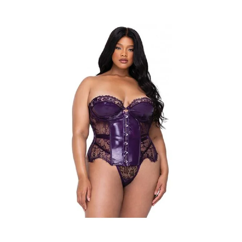 Sugar Plum Scalloped Eyelash Lace & Faux Leather Bustier W/steel Boning & Thong Purple 1x