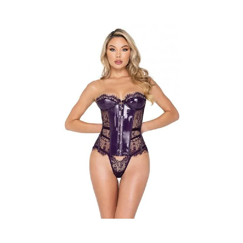 Sugar Plum Scalloped Eyelash Lace & Faux Leather Bustier W/steel Boning & Thong Purple Lg