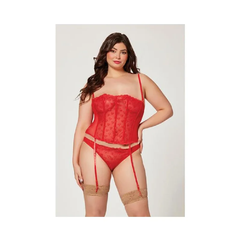 Valentines Heart Embroidered Mesh Bustier & Panty Red 1x/2x