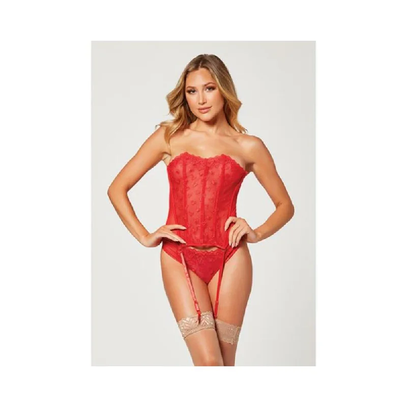 Valentines Heart Embroidered Mesh Bustier & Panty Red Lg