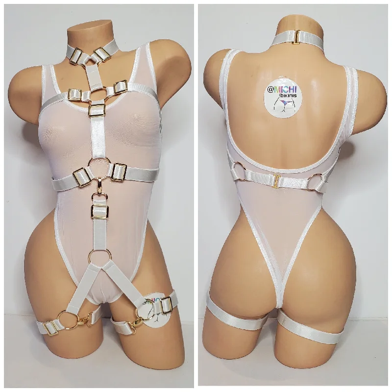 White Satin Harness Lingerie with Gold Hardware Adjustable 3 Piece Set Desire by Michi Collection