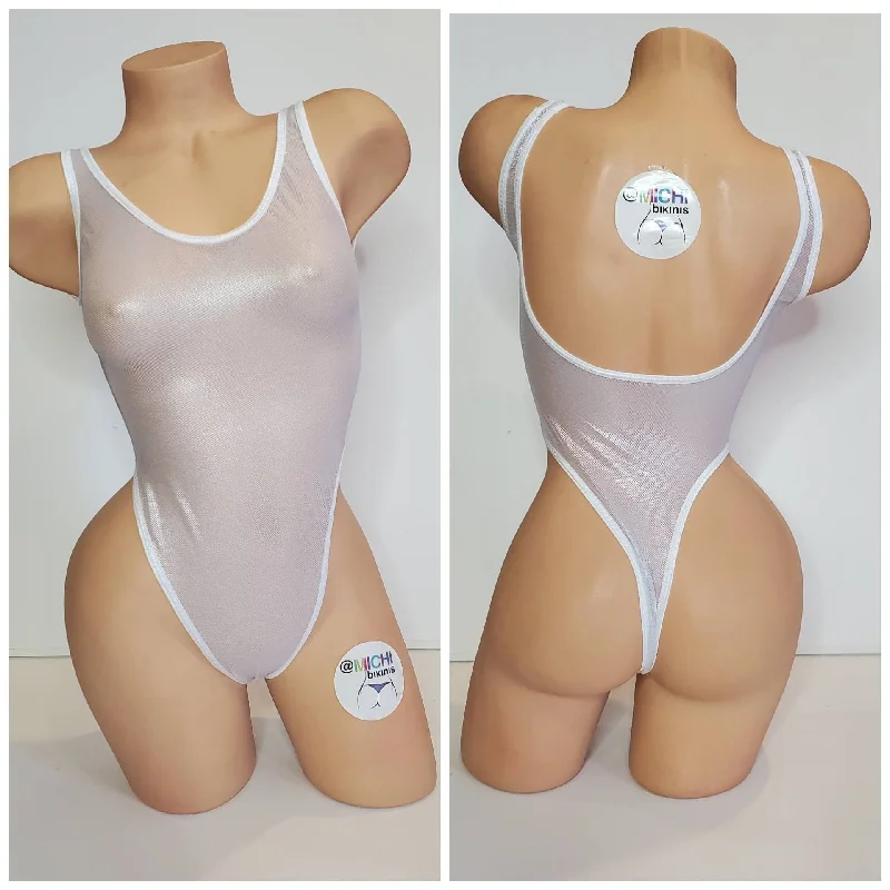 White with Silver Shimmer Mesh with White Trim ***VERY SHEER*** 1 Piece Bodysuit Size SMALL