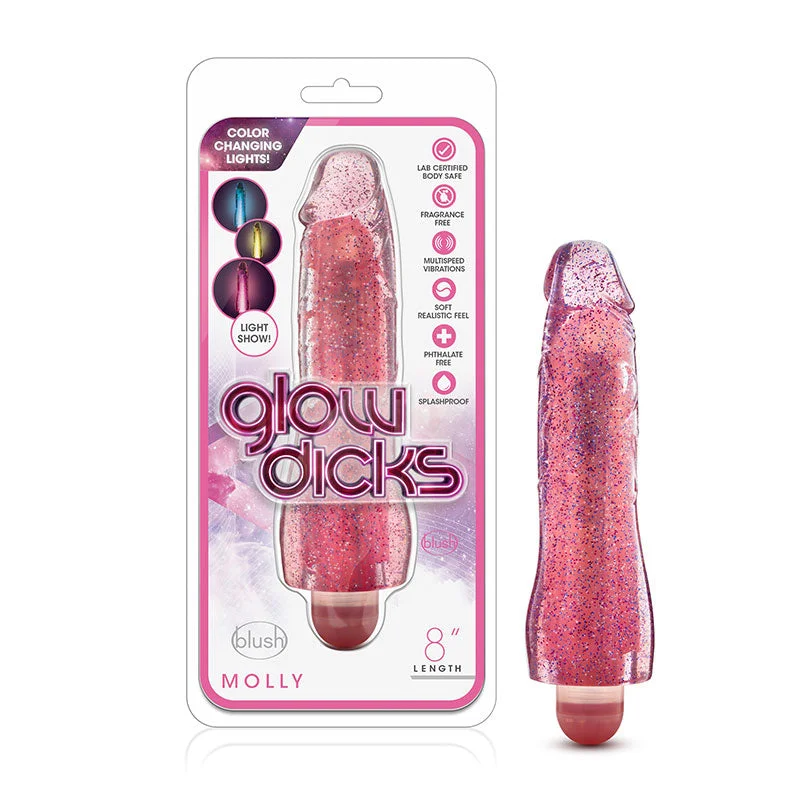 Blush Glow Dicks Molly Color Changing 8 in. Vibrating Dildo Glitter Pink