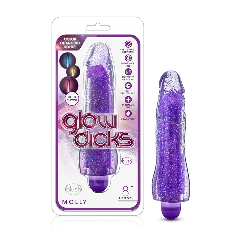 Blush Glow Dicks Molly Color Changing 8 in. Vibrating Dildo Glitter Purple