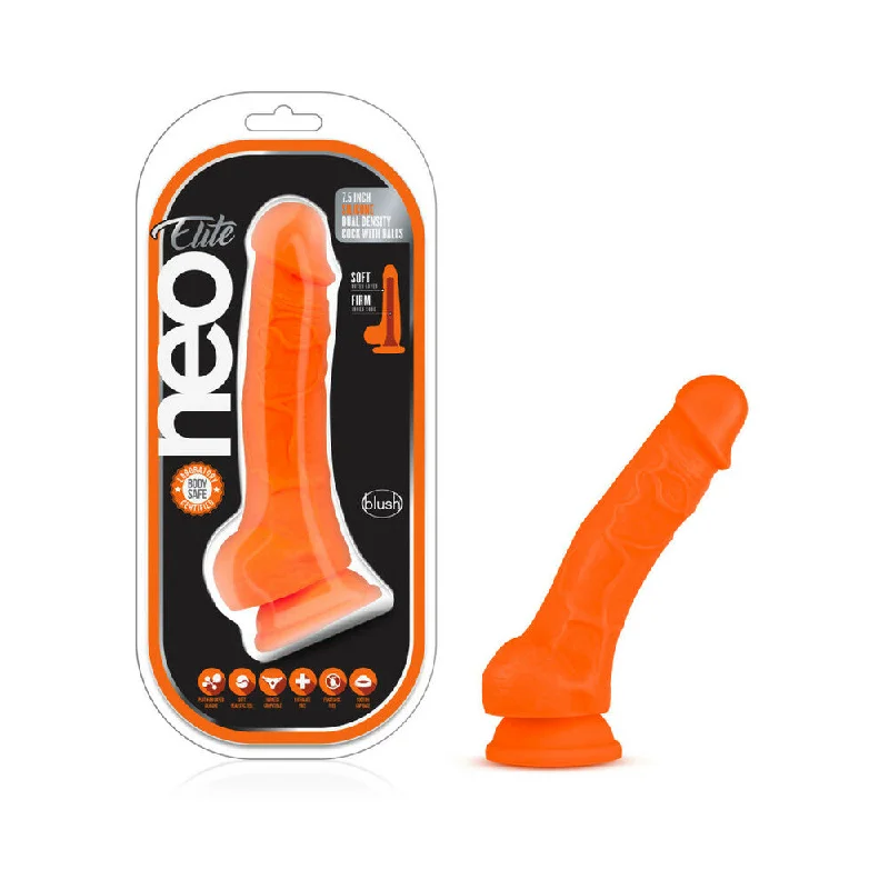 Neo Elite - 7.5in Silicone Dual Density Cock With Balls - Neon Orange