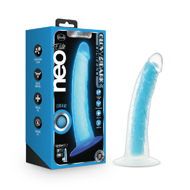 Neo Elite By Blush® | Prysm Glow In The Dark Neon Blue: 7-Inch Long Dildo - Made with Purio™ Silicone & SensaFeel® Dual Density Realistic Technology