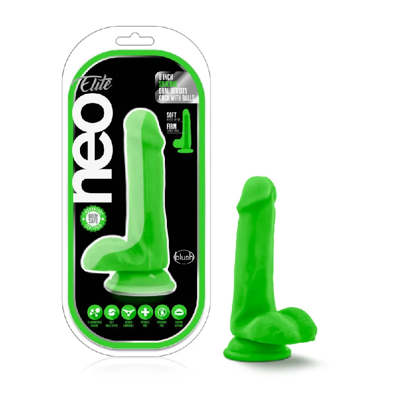 Neo Elite By Blush® | Neon Green: 6.5-Inch Long Dildo - Made with Purio™ Silicone & SensaFeel® Dual Density Realistic Technology