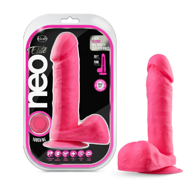 Neo Elite By Blush® | Neon Pink: 8-Inch Long Dildo - Made with Purio™ Silicone & SensaFeel® Dual Density Realistic Technology