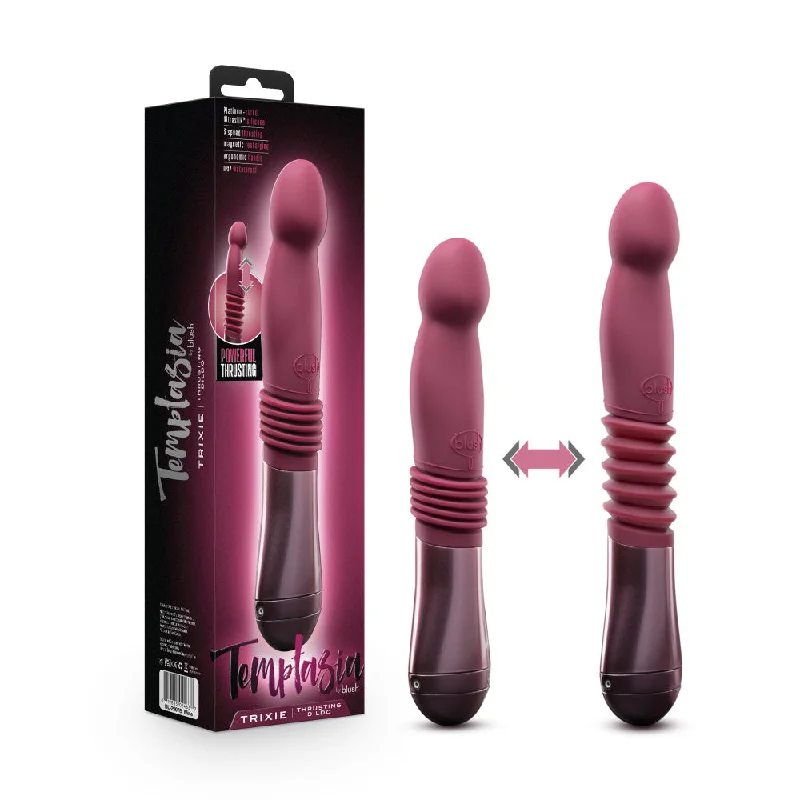 Temptasia By Blush® | Trixie Curved G-Spot Wine 10-Inch Long Thrusting Rechargeable Vibrating Dildo