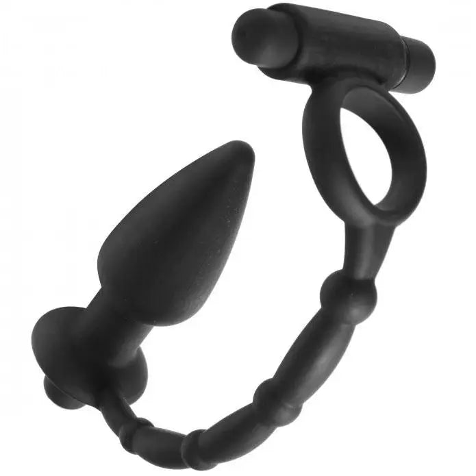 Master Series Black Waterproof Vibrating Cock Ring with Butt Plug