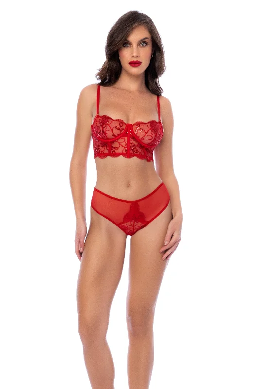 Red Lace & Embroidered Sequin Underwire Bralette & Sheer Thong Panty Lingerie Set