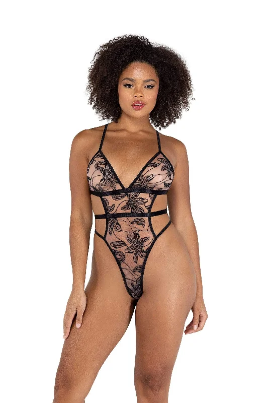 Black Floral Embroidered High-Cut Teddy (Plus Size Available)