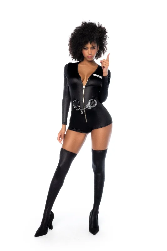 Black SWAT Police Cop Long-sleeved Mini Jumpsuit w/ Handcuffs Costume Lingerie